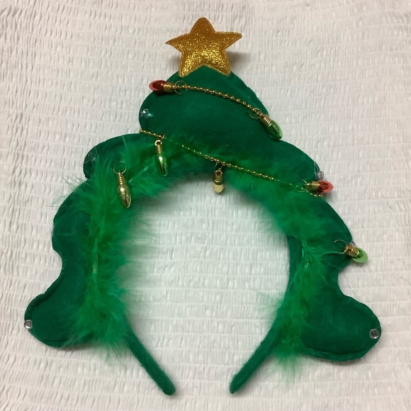 Green Christmas Tree Headband with Multicolored Tiny Ornaments - Picture 2 of 3